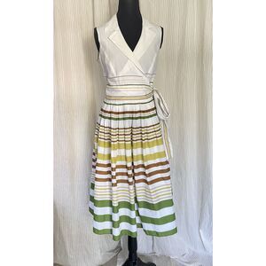 Jones New York Womens Wrap Dress Sz 6 White Green Stripe Cotton Sleeveless Midi